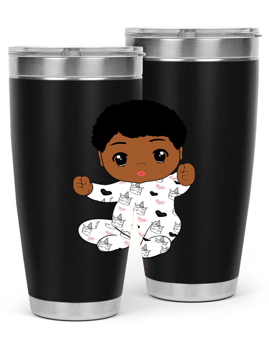 Black baby boy tumbler made of stainless steel with a sleek design, perfect for hot and cold beverages.