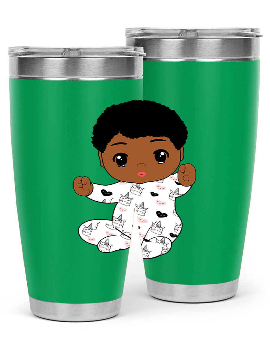 Black baby boy tumbler made of stainless steel with a sleek design, perfect for hot and cold beverages.