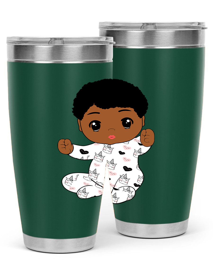 Black baby boy tumbler made of stainless steel with a sleek design, perfect for hot and cold beverages.