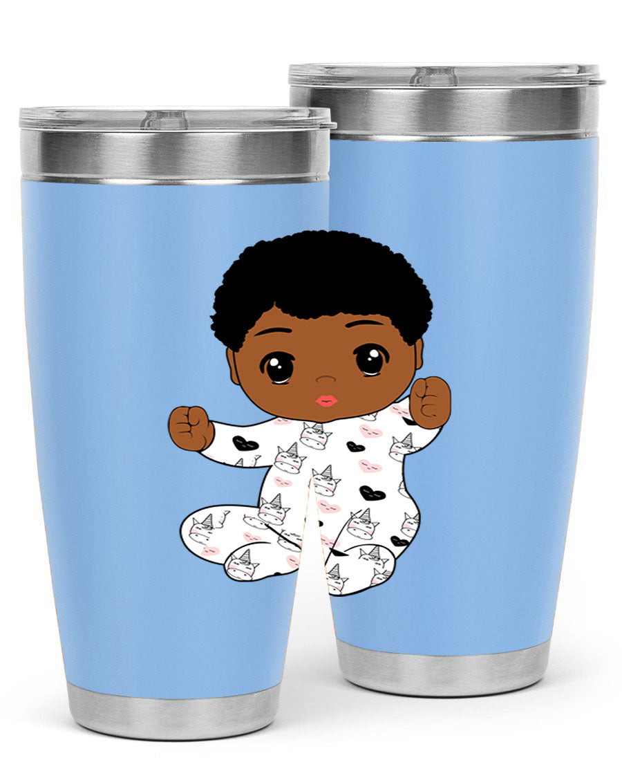 Black baby boy tumbler made of stainless steel with a sleek design, perfect for hot and cold beverages.