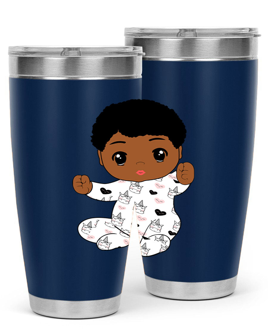 Black baby boy tumbler made of stainless steel with a sleek design, perfect for hot and cold beverages.