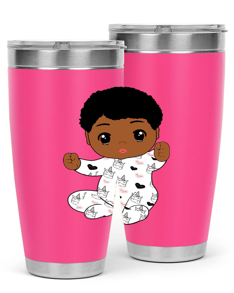 Black baby boy tumbler made of stainless steel with a sleek design, perfect for hot and cold beverages.