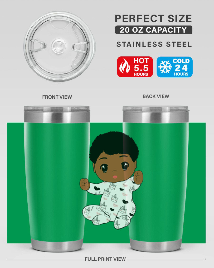 Black baby boy tumbler made of stainless steel with a sleek design, perfect for hot and cold beverages.