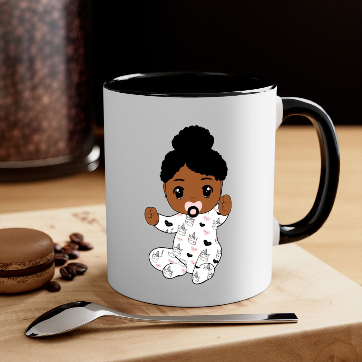 Black baby style 5# Mug featuring a glossy finish, colored handle, and interior, available in multiple colors and sizes.