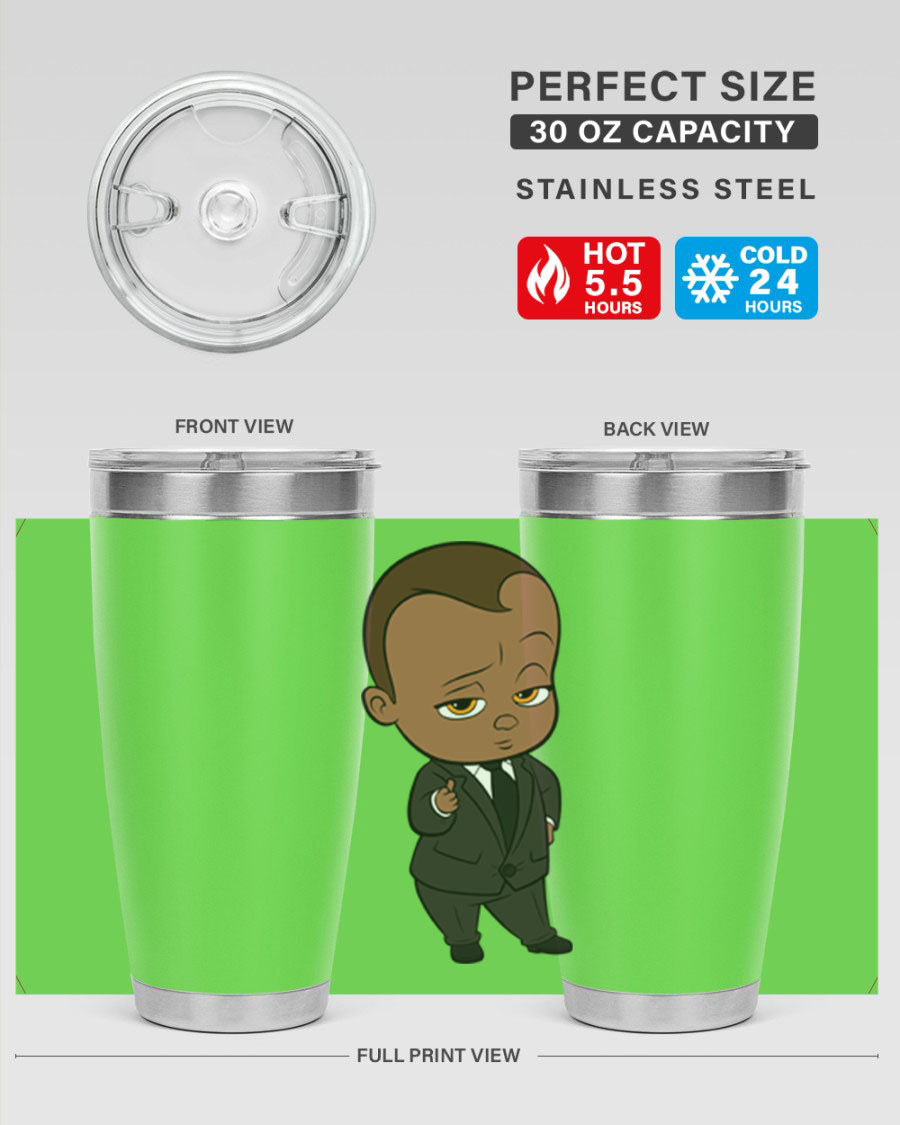 Black boy tumbler featuring double wall vacuum stainless steel design, perfect for hot and cold beverages.