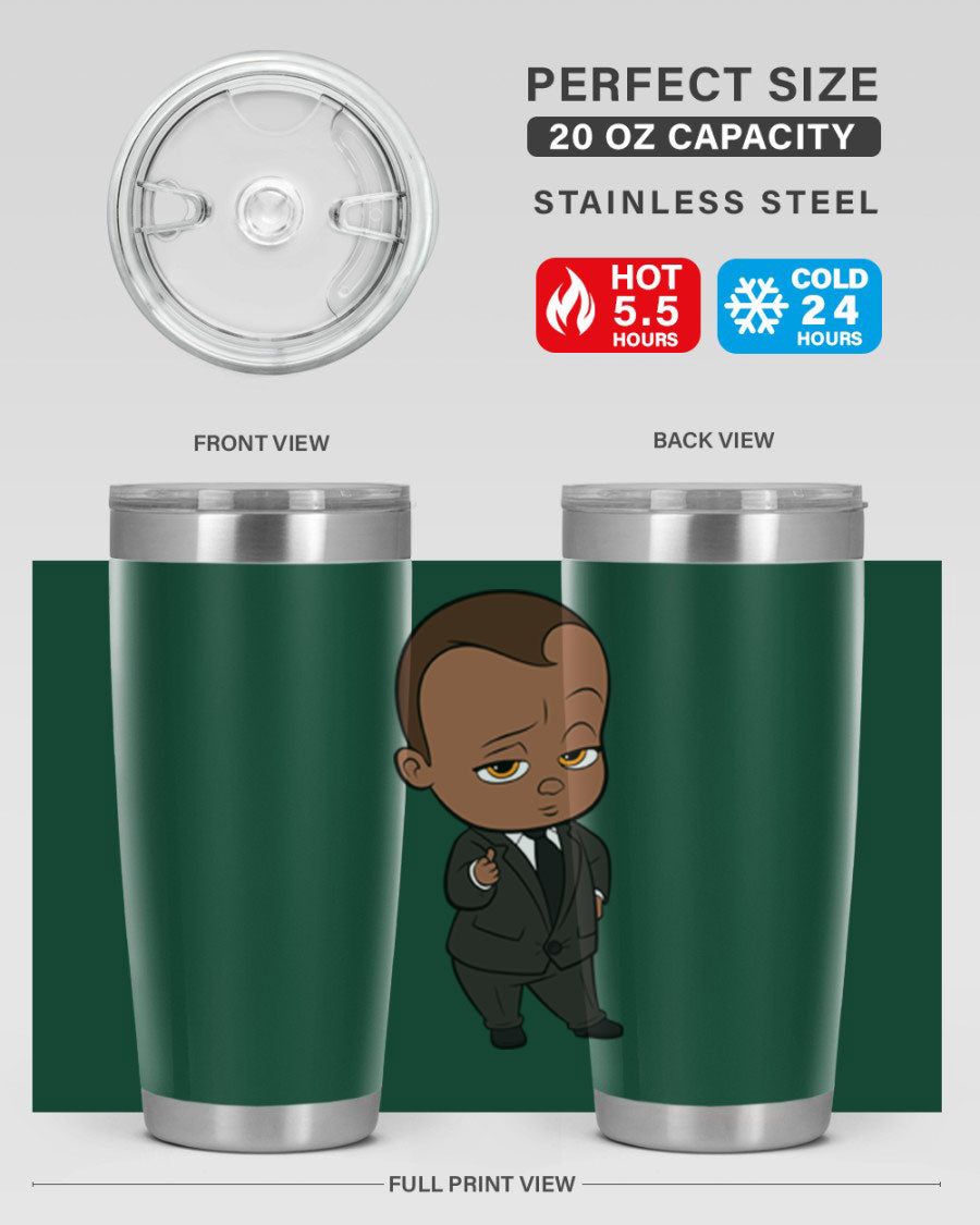 Black boy tumbler featuring double wall vacuum stainless steel design, perfect for hot and cold beverages.