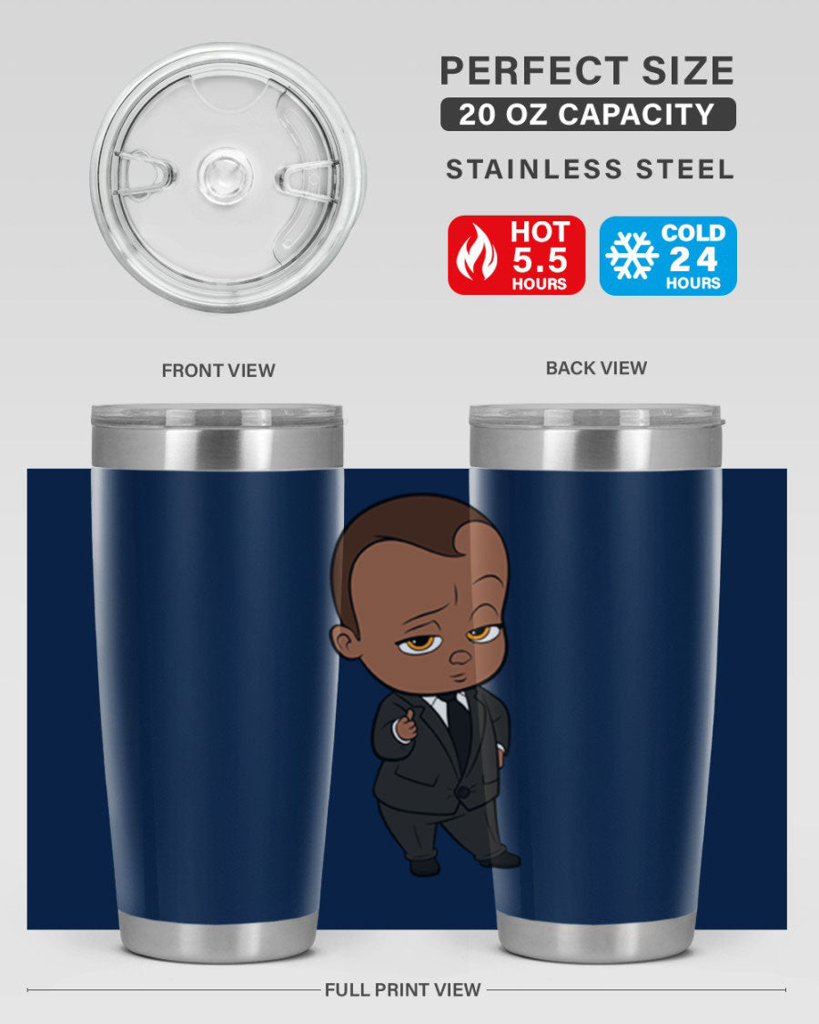 Black boy tumbler featuring double wall vacuum stainless steel design, perfect for hot and cold beverages.