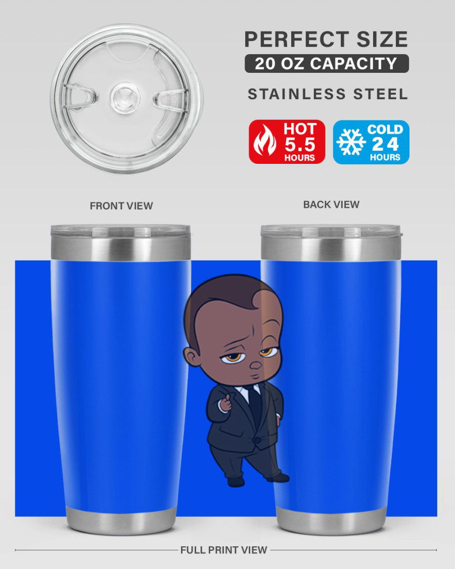 Black boy tumbler featuring double wall vacuum stainless steel design, perfect for hot and cold beverages.