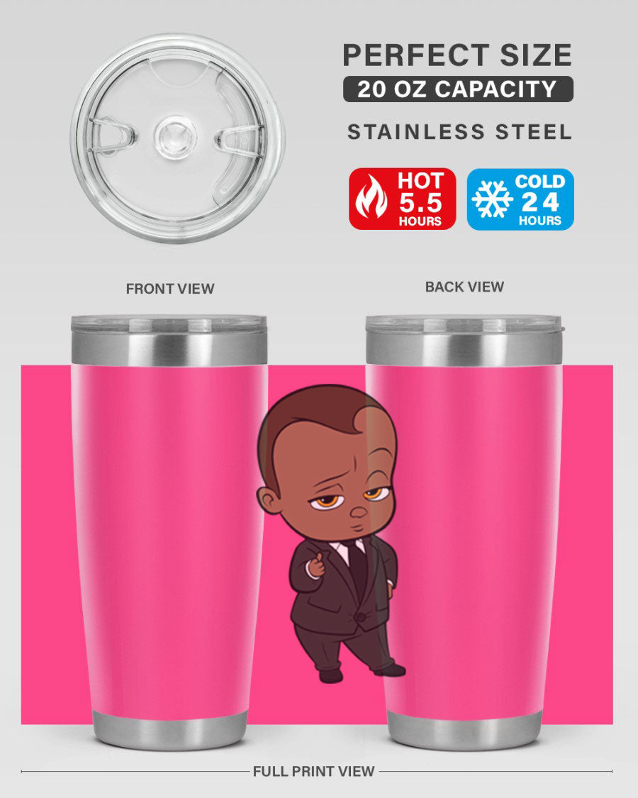 Black boy tumbler featuring double wall vacuum stainless steel design, perfect for hot and cold beverages.