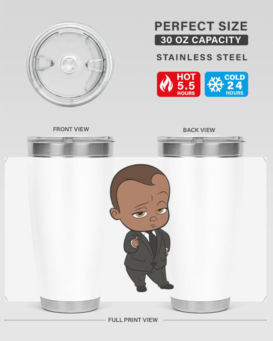 Black boy tumbler featuring double wall vacuum stainless steel design, perfect for hot and cold beverages.