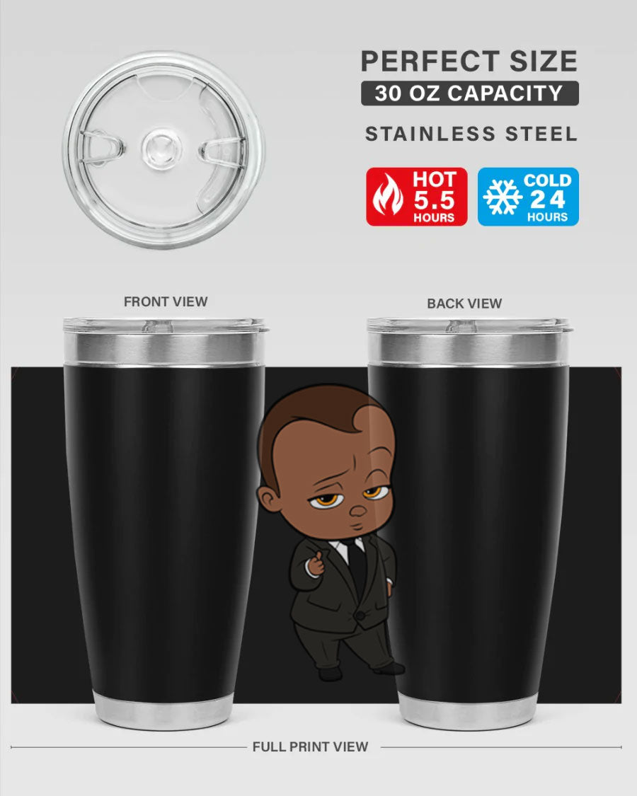 Black boy tumbler featuring double wall vacuum stainless steel design, perfect for hot and cold beverages.