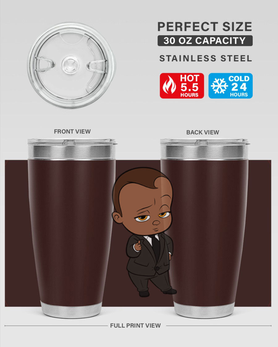 Black boy tumbler featuring double wall vacuum stainless steel design, perfect for hot and cold beverages.