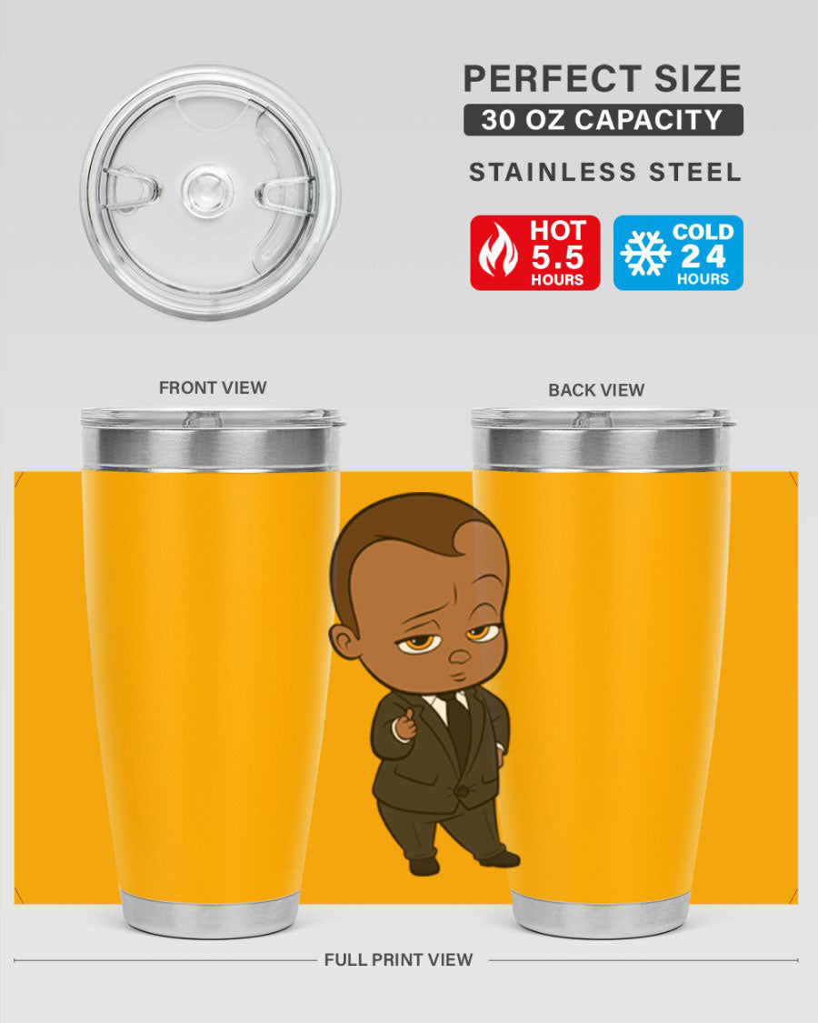 Black boy tumbler featuring double wall vacuum stainless steel design, perfect for hot and cold beverages.