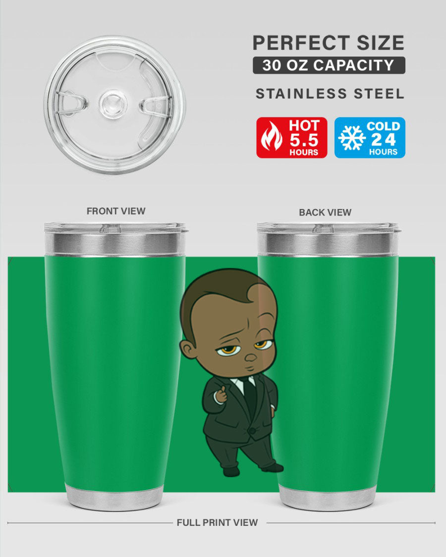 Black boy tumbler featuring double wall vacuum stainless steel design, perfect for hot and cold beverages.