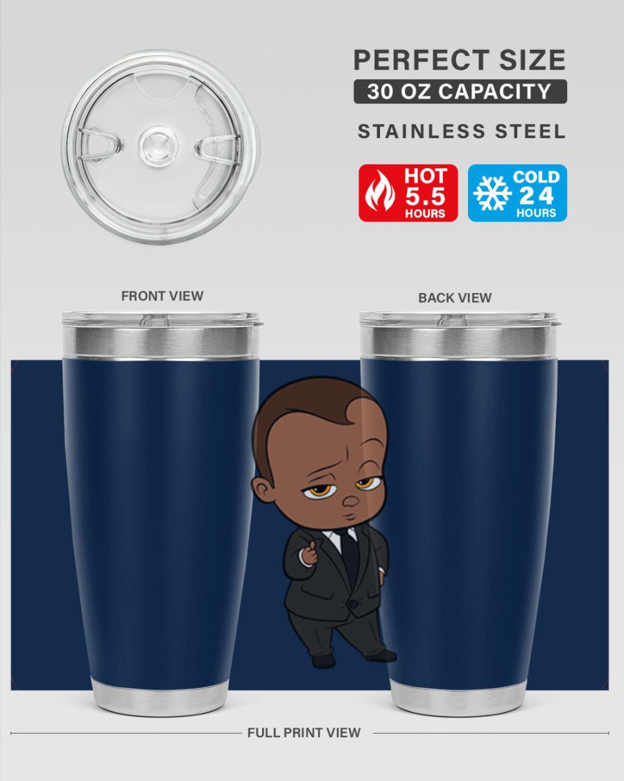 Black boy tumbler featuring double wall vacuum stainless steel design, perfect for hot and cold beverages.