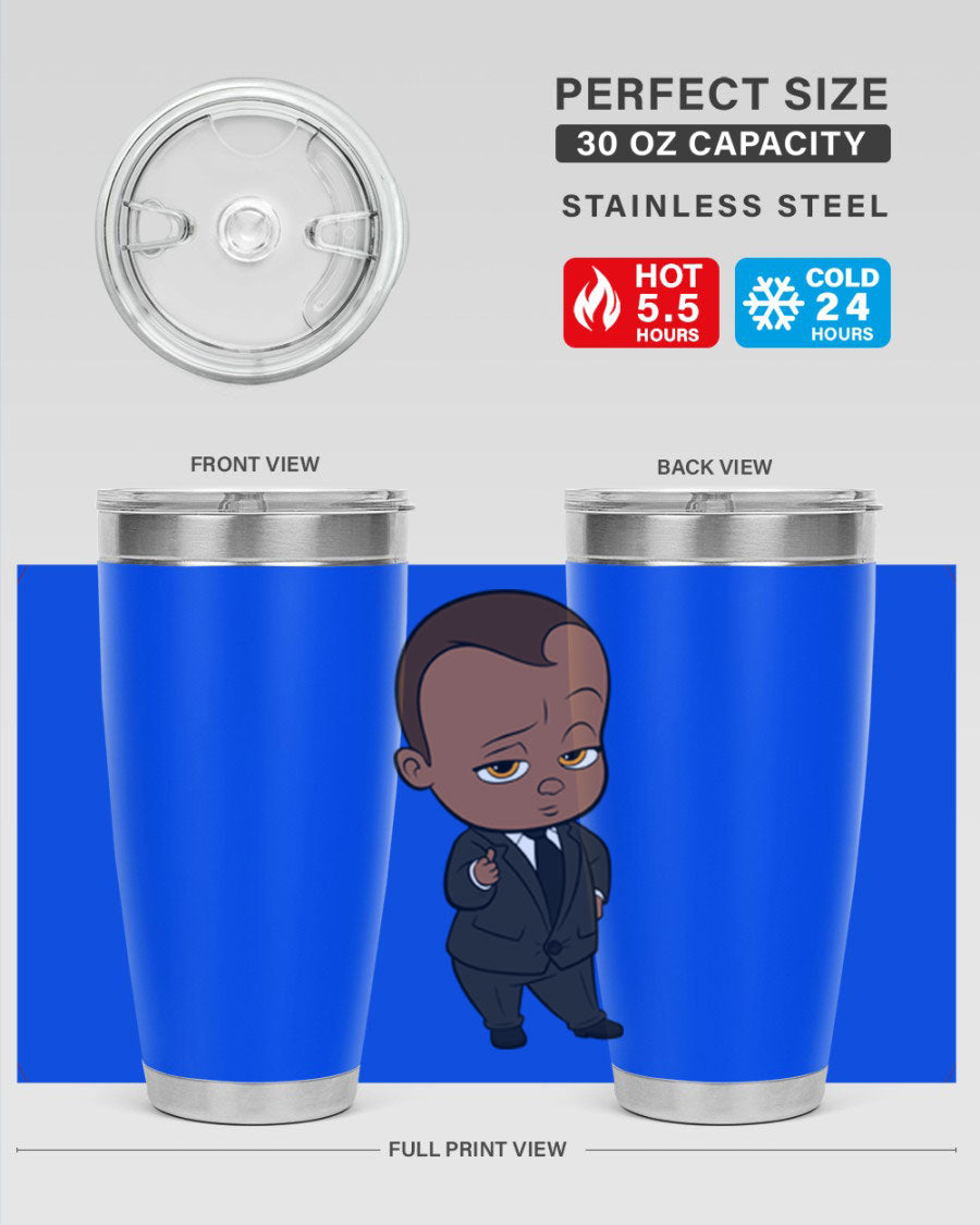 Black boy tumbler featuring double wall vacuum stainless steel design, perfect for hot and cold beverages.