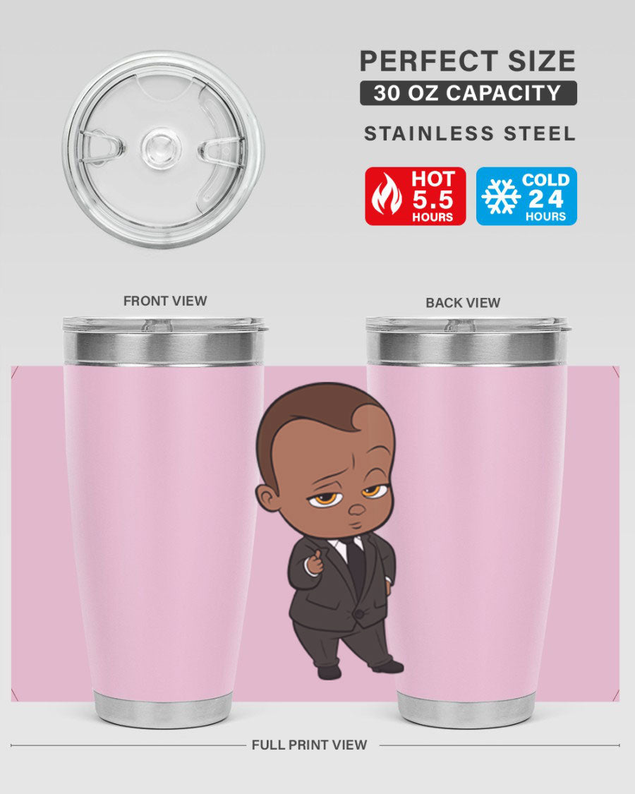 Black boy tumbler featuring double wall vacuum stainless steel design, perfect for hot and cold beverages.