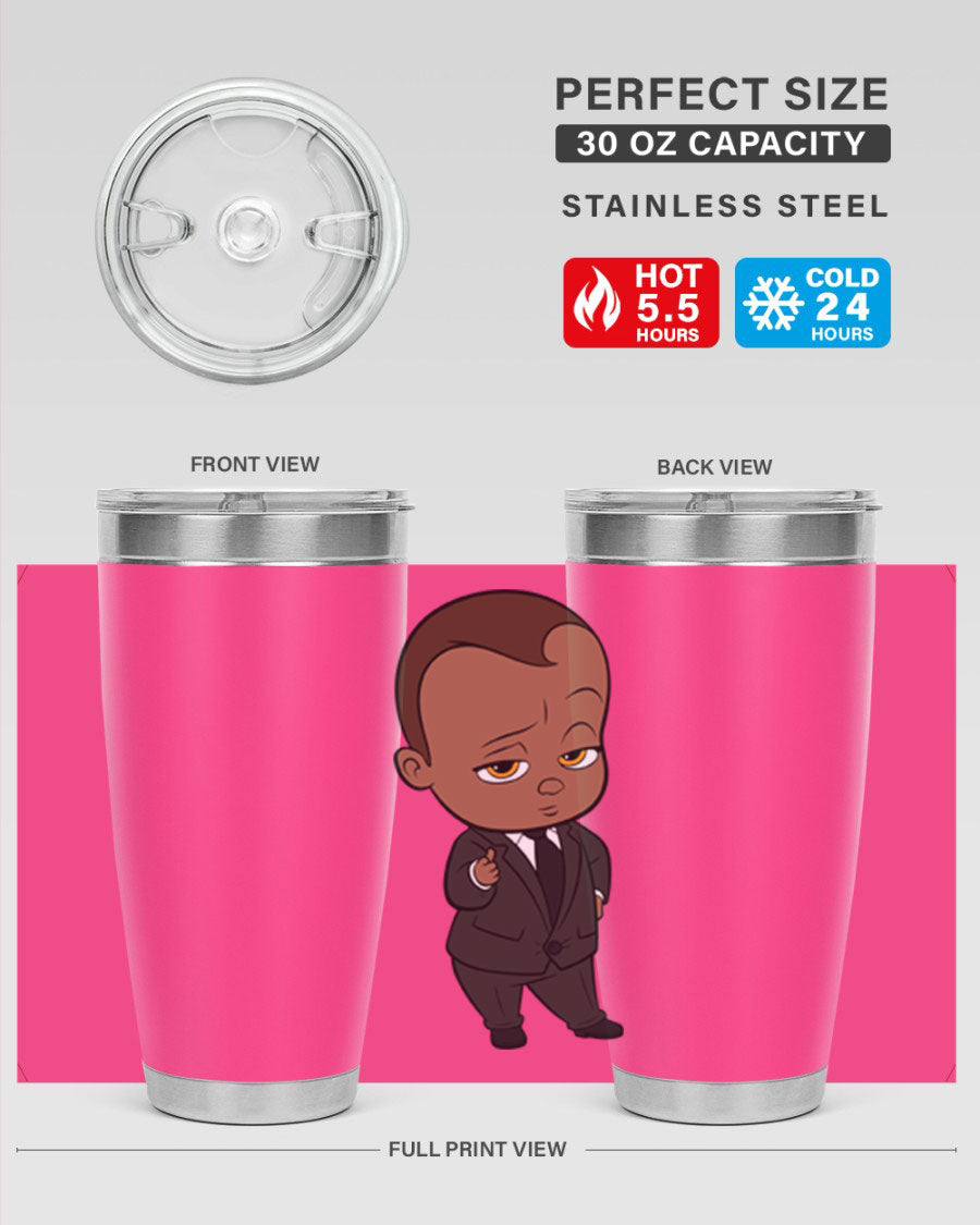 Black boy tumbler featuring double wall vacuum stainless steel design, perfect for hot and cold beverages.