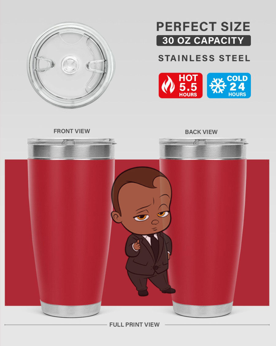 Black boy tumbler featuring double wall vacuum stainless steel design, perfect for hot and cold beverages.