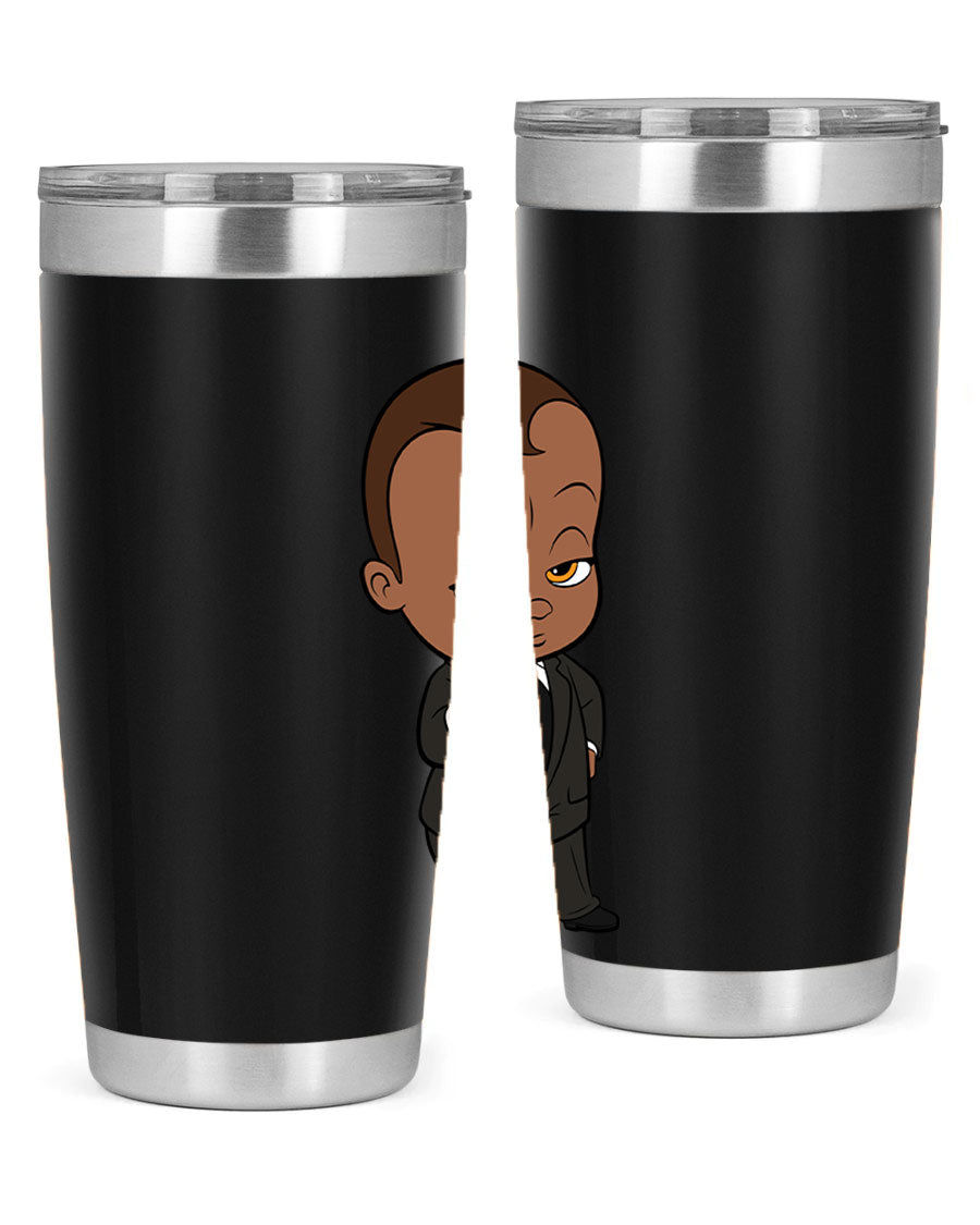 Black boy tumbler featuring double wall vacuum stainless steel design, perfect for hot and cold beverages.