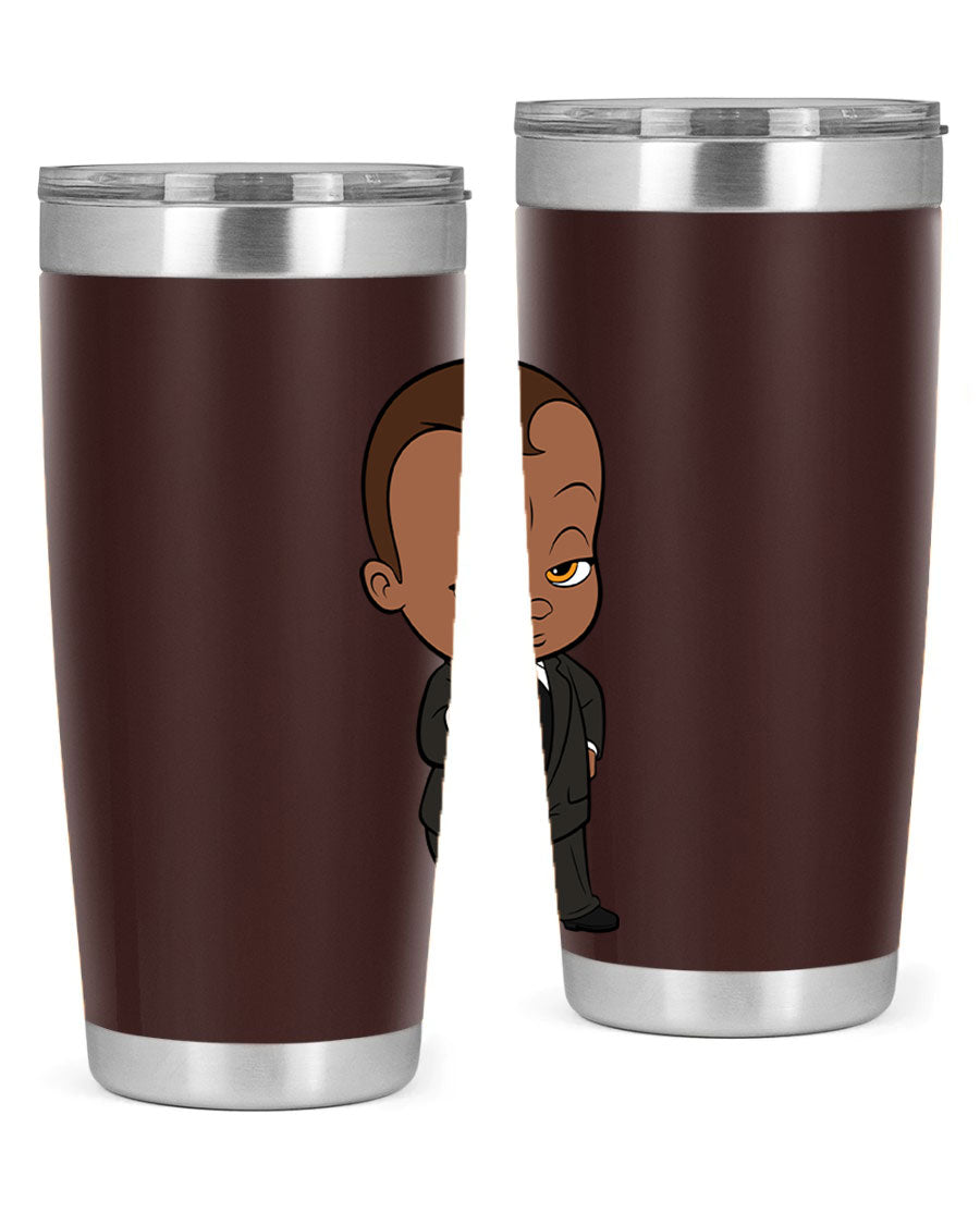 Black boy tumbler featuring double wall vacuum stainless steel design, perfect for hot and cold beverages.