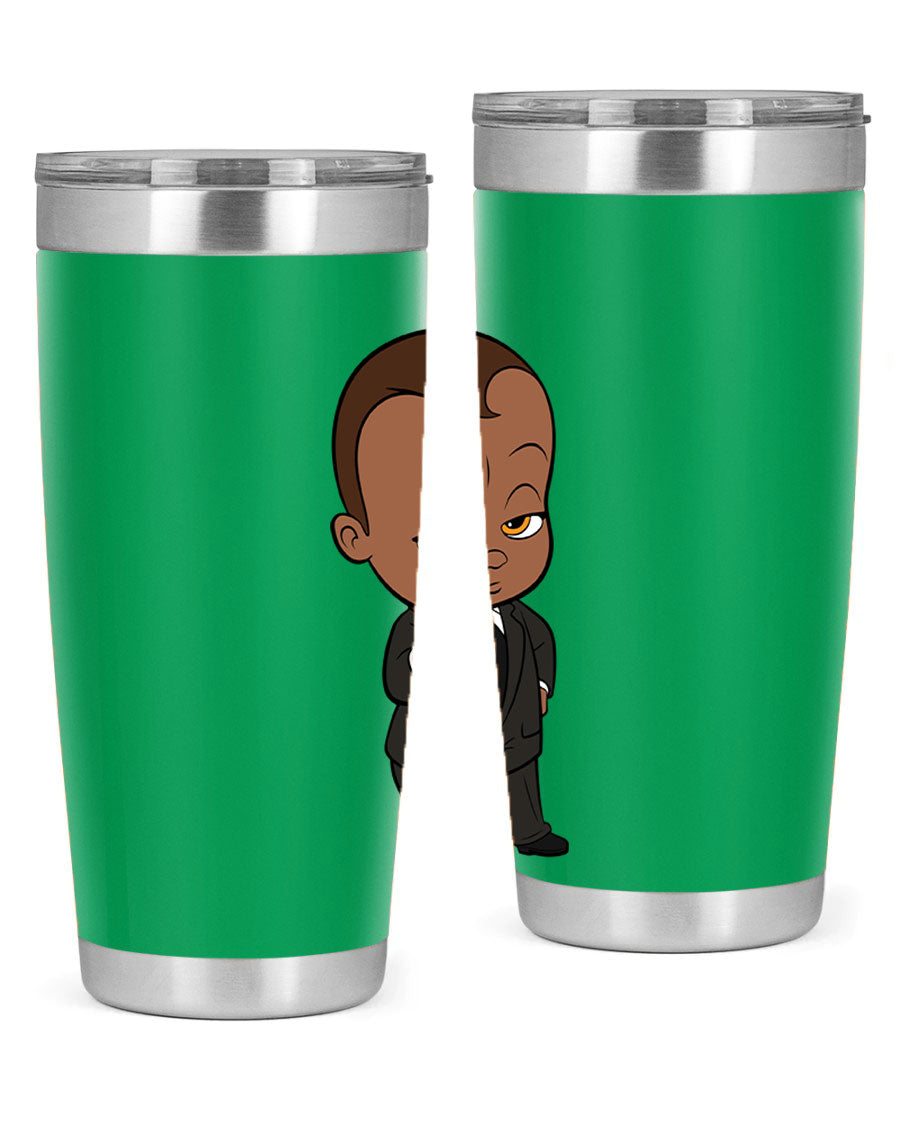 Black boy tumbler featuring double wall vacuum stainless steel design, perfect for hot and cold beverages.