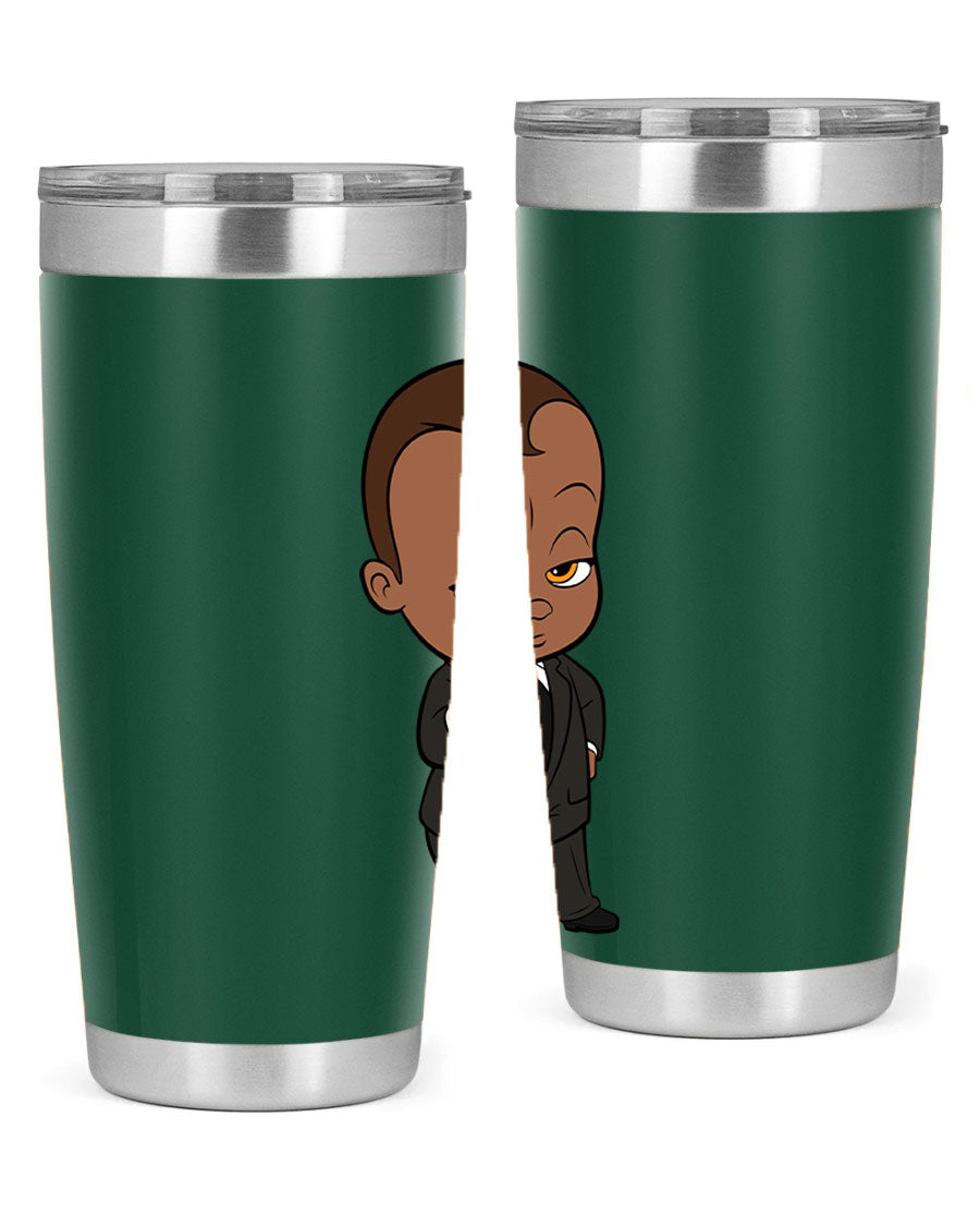 Black boy tumbler featuring double wall vacuum stainless steel design, perfect for hot and cold beverages.