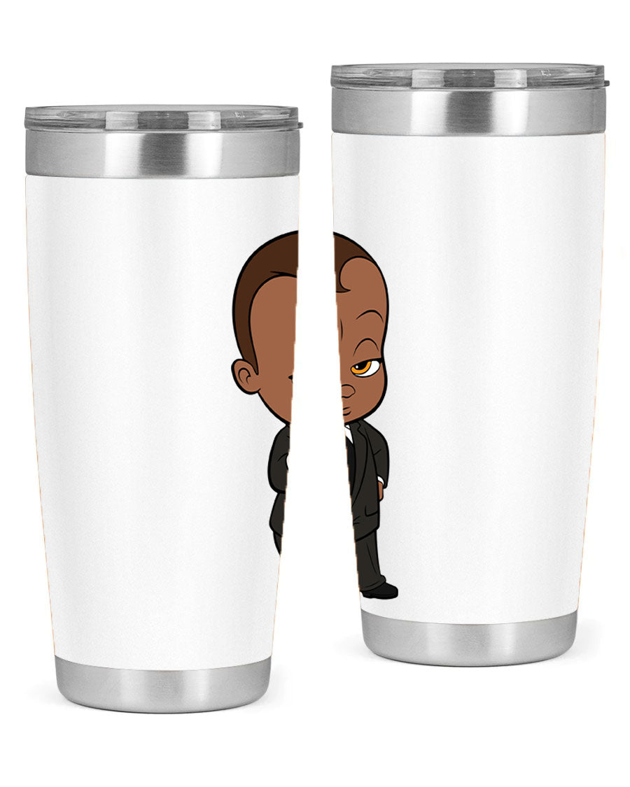 Black boy tumbler featuring double wall vacuum stainless steel design, perfect for hot and cold beverages.