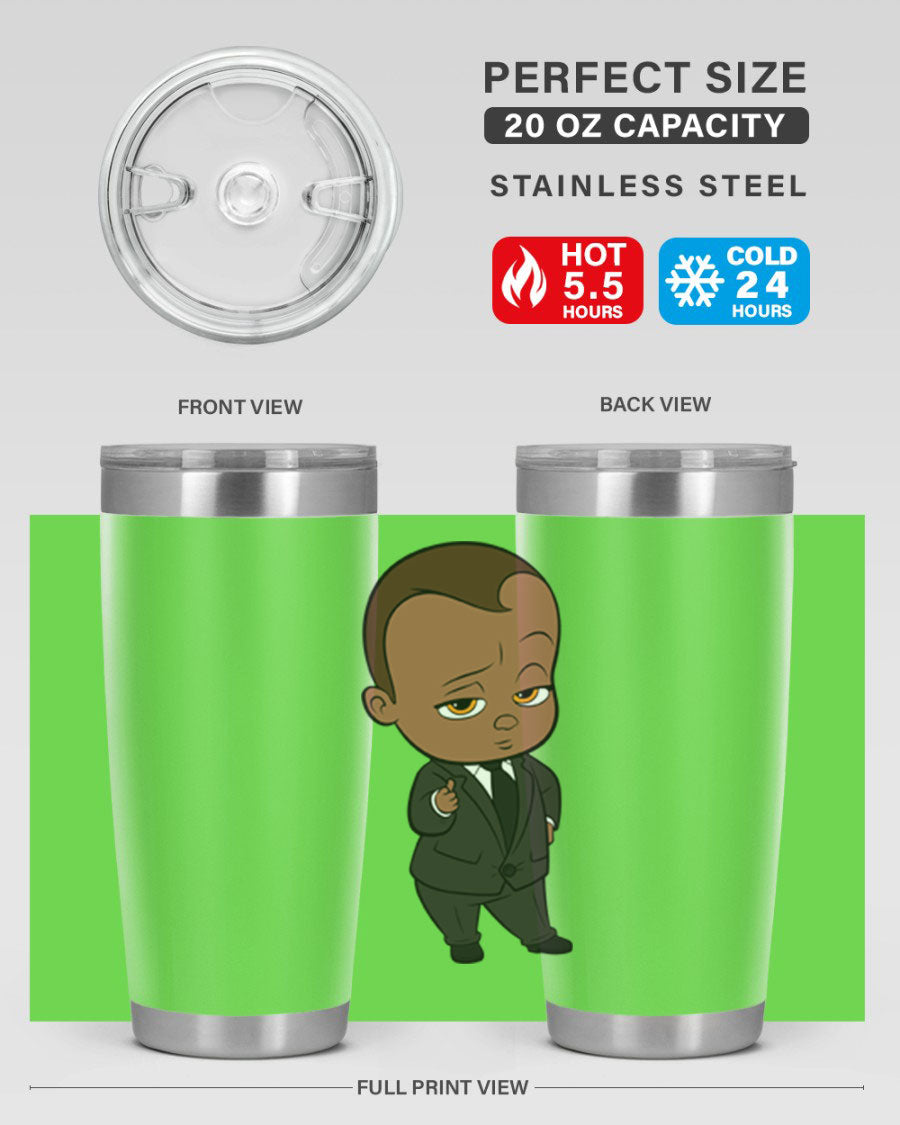 Black boy tumbler featuring double wall vacuum stainless steel design, perfect for hot and cold beverages.