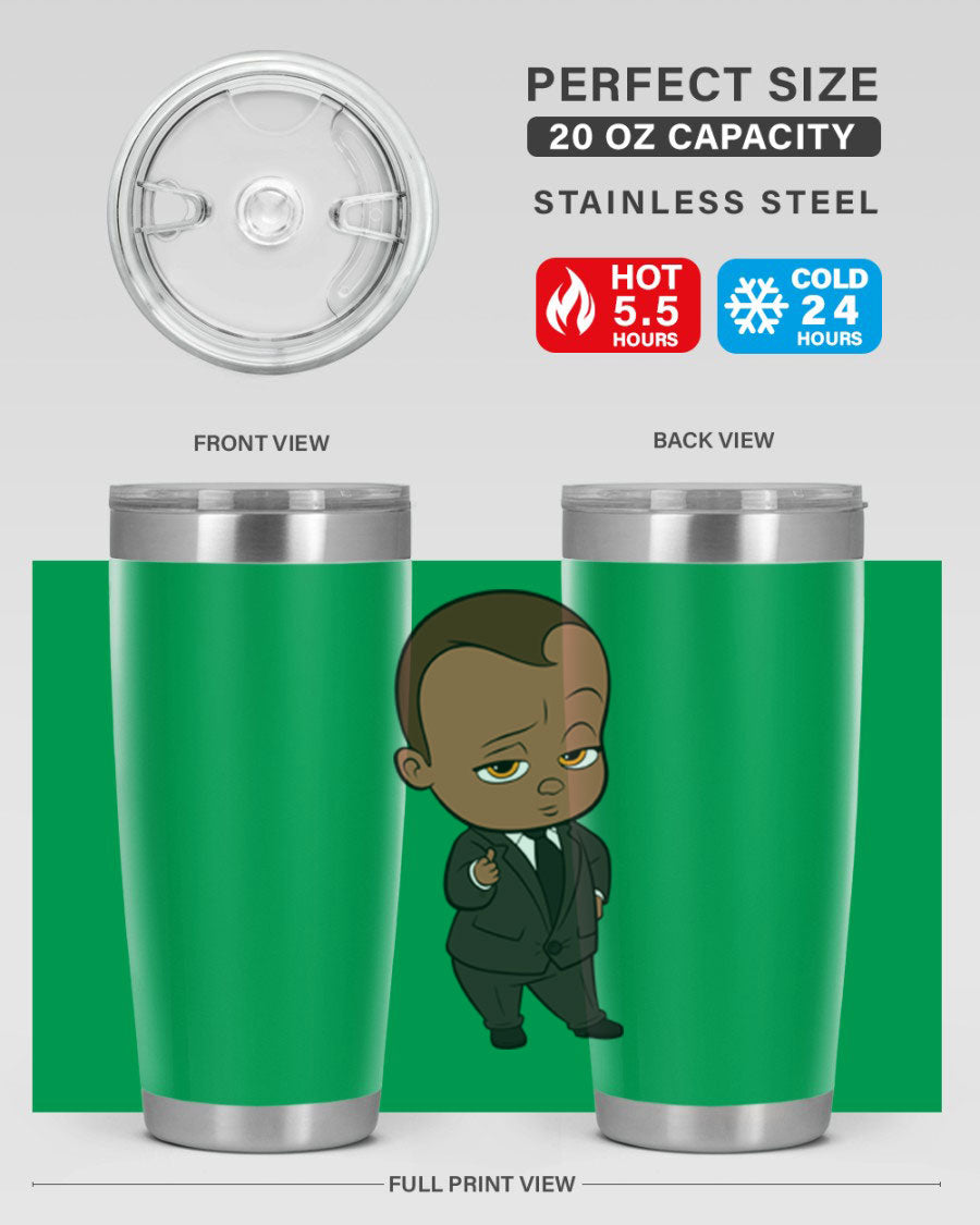 Black boy tumbler featuring double wall vacuum stainless steel design, perfect for hot and cold beverages.