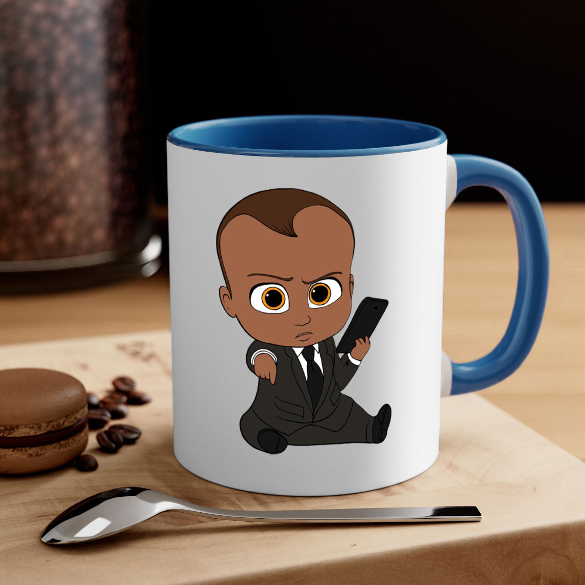 Black boy 12# Mug with colored handle and glossy finish, available in multiple colors and sizes.