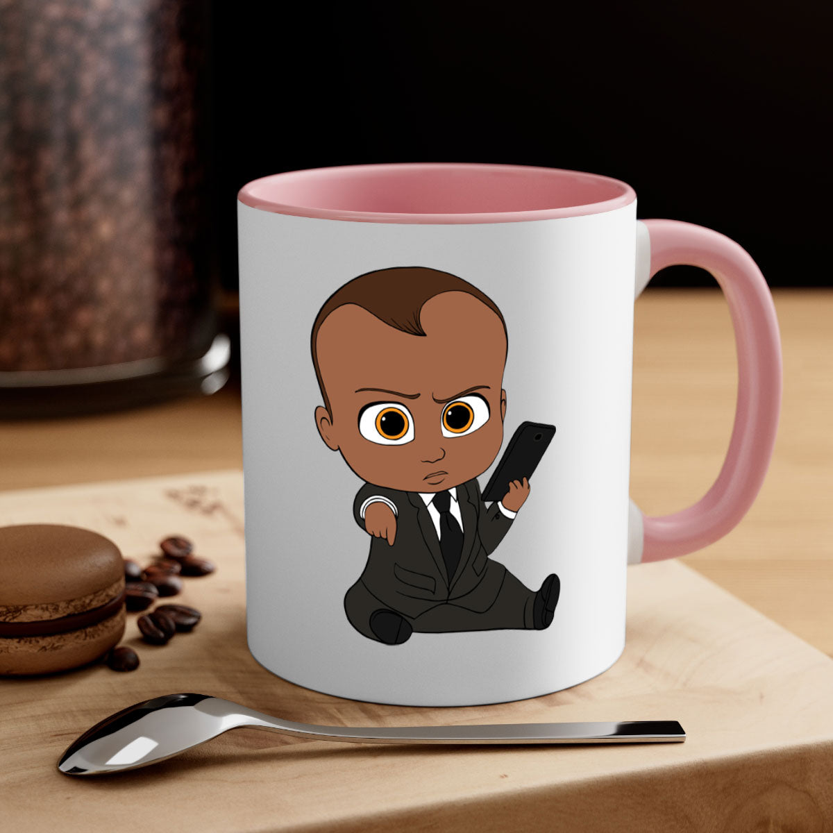 Black boy 12# Mug with colored handle and glossy finish, available in multiple colors and sizes.