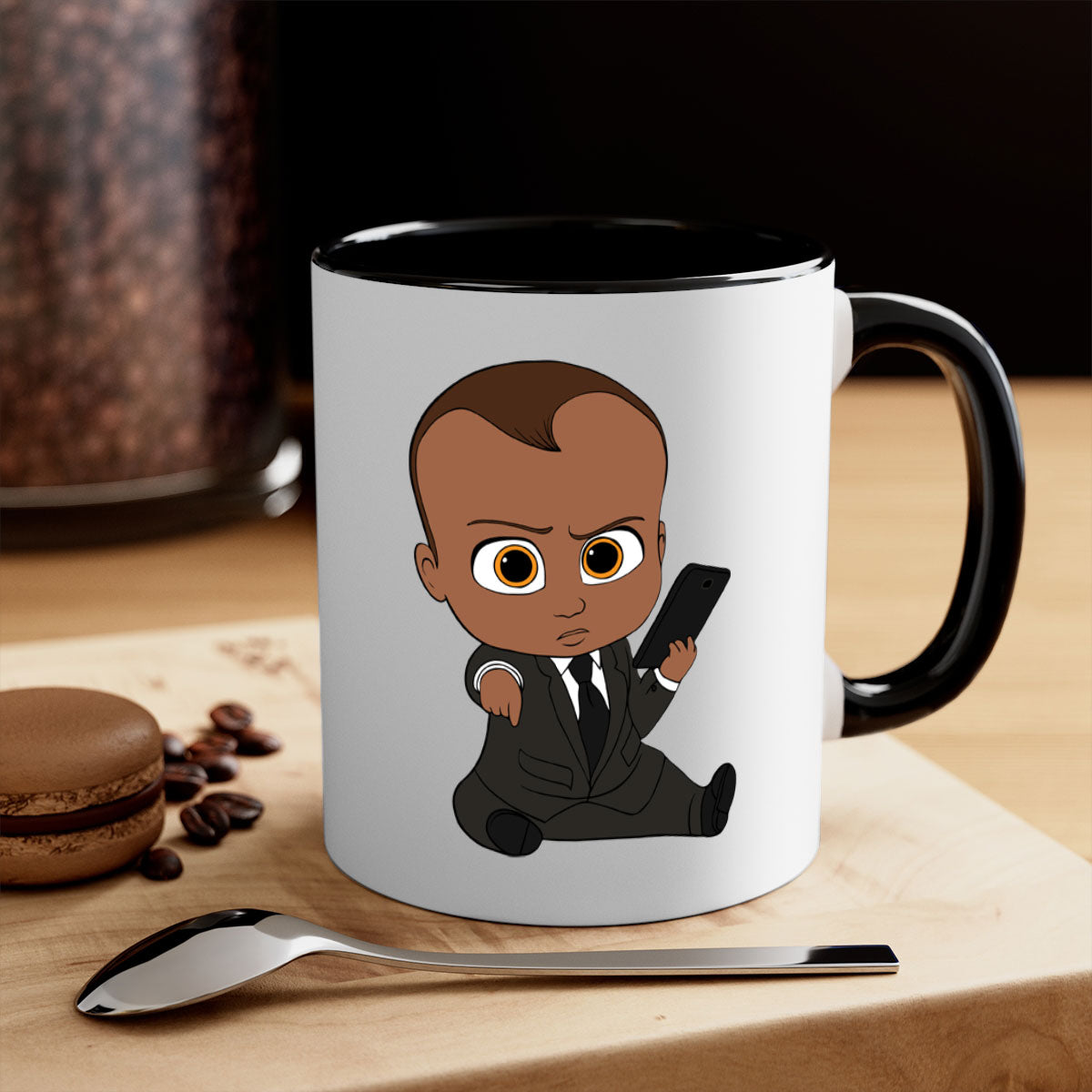 Black boy 12# Mug with colored handle and glossy finish, available in multiple colors and sizes.