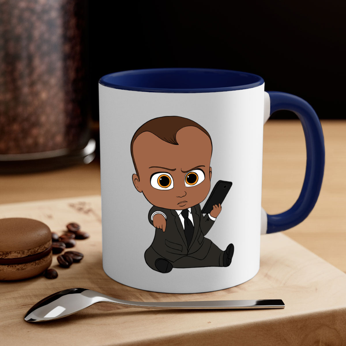 Black boy 12# Mug with colored handle and glossy finish, available in multiple colors and sizes.