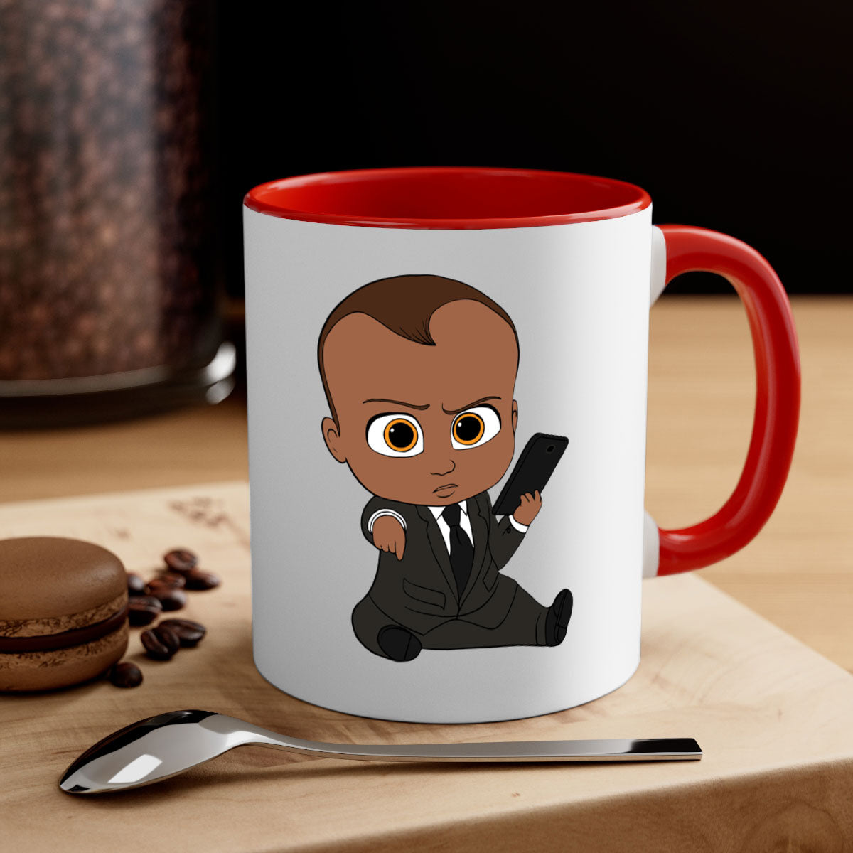 Black boy 12# Mug with colored handle and glossy finish, available in multiple colors and sizes.