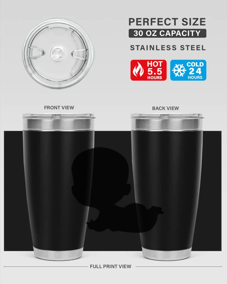 Black boy 19# tumbler in 20oz and 30oz sizes, showcasing double wall vacuum stainless steel design with a drink-thru lid.