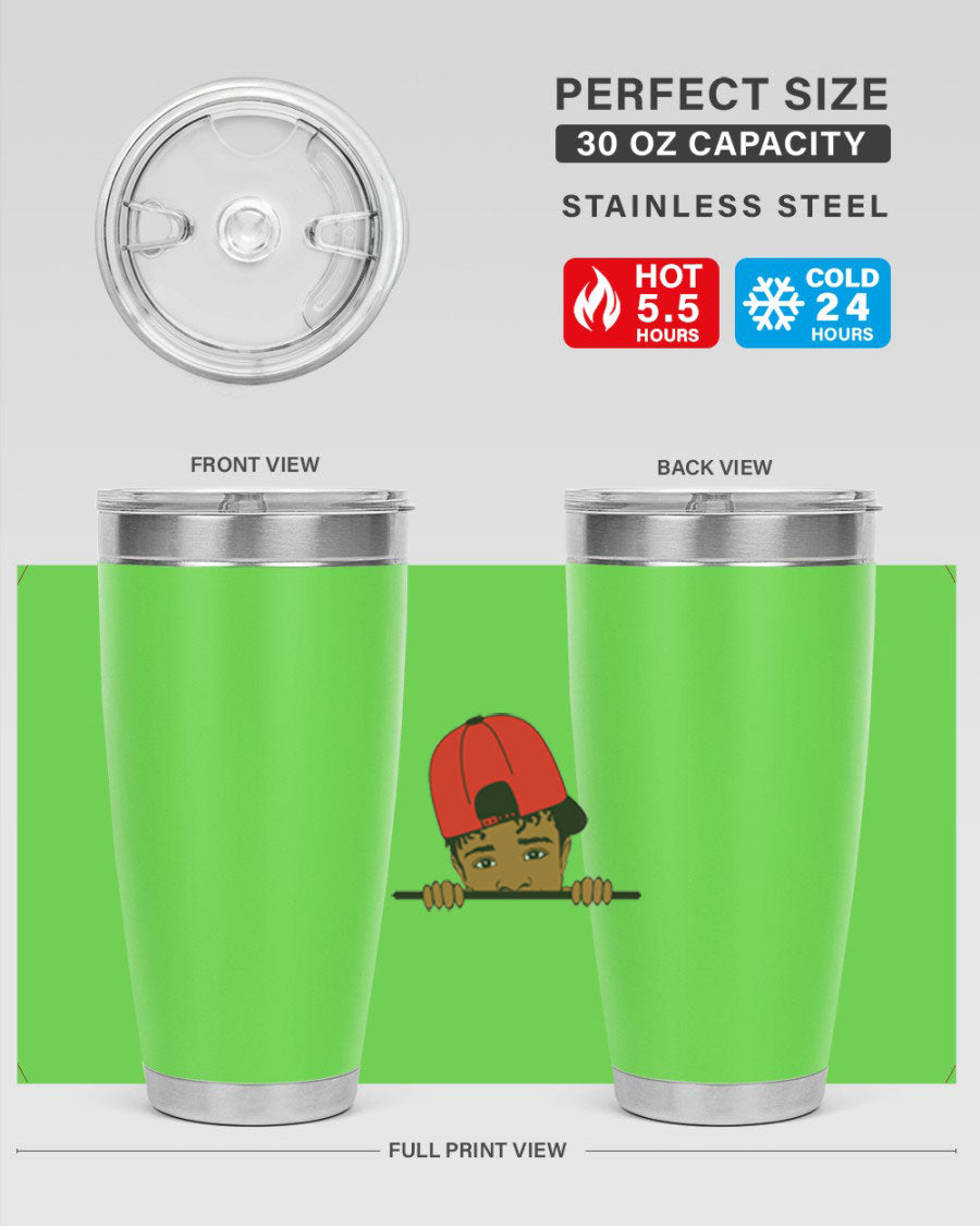 Black boy 23# tumbler, 20oz, double wall vacuum stainless steel with copper lining, featuring a press-in drink-thru lid.