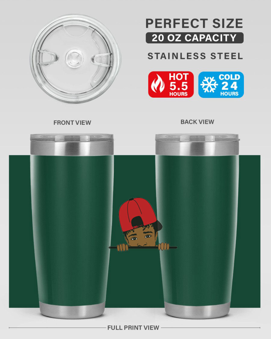 Black boy 23# tumbler, 20oz, double wall vacuum stainless steel with copper lining, featuring a press-in drink-thru lid.