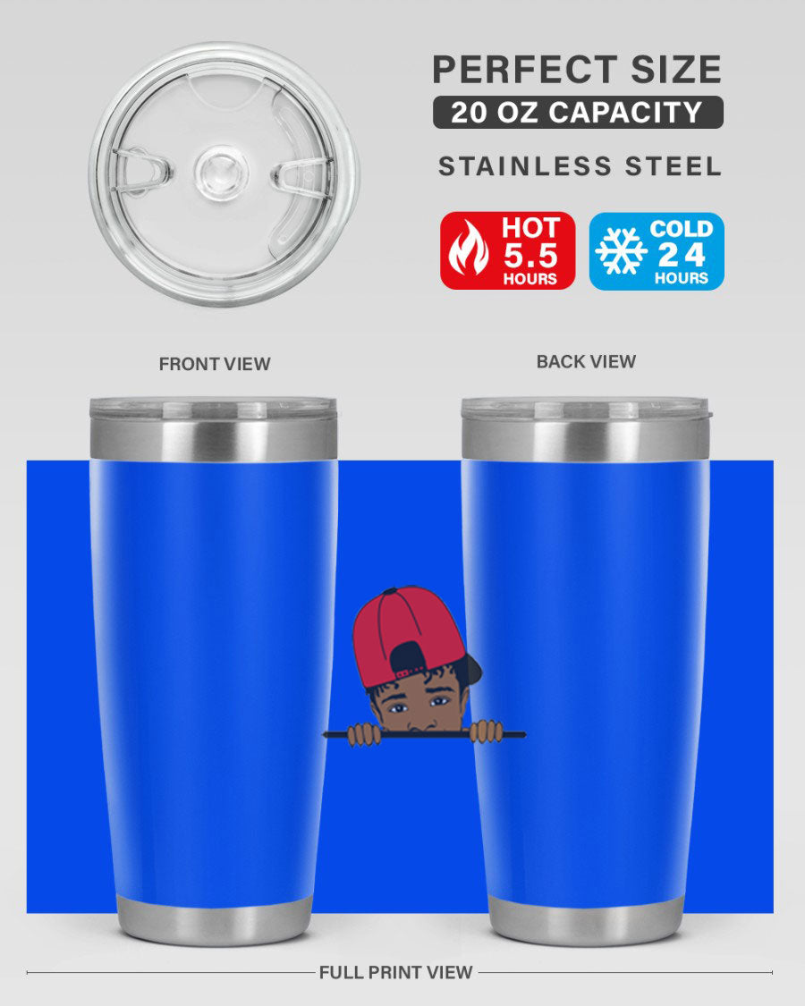 Black boy 23# tumbler, 20oz, double wall vacuum stainless steel with copper lining, featuring a press-in drink-thru lid.