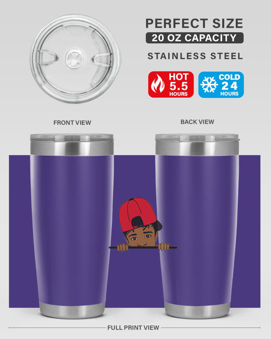 Black boy 23# tumbler, 20oz, double wall vacuum stainless steel with copper lining, featuring a press-in drink-thru lid.