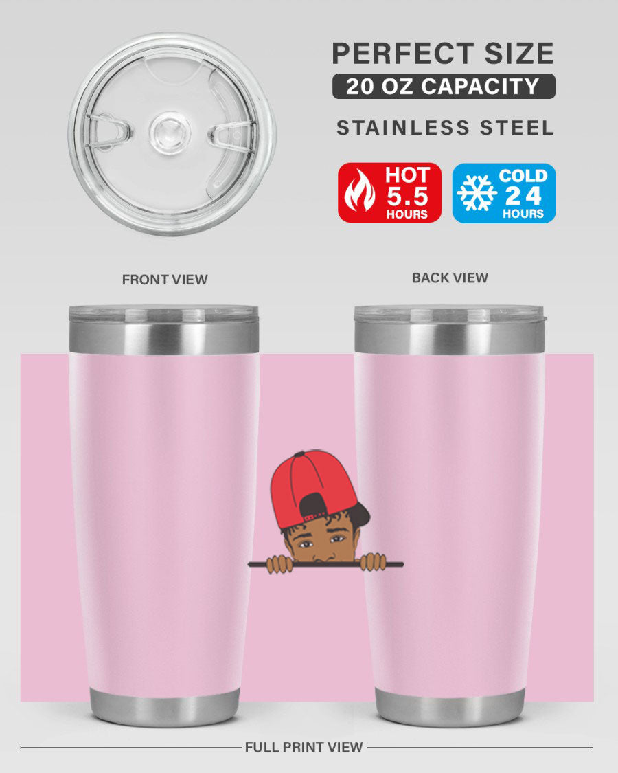 Black boy 23# tumbler, 20oz, double wall vacuum stainless steel with copper lining, featuring a press-in drink-thru lid.