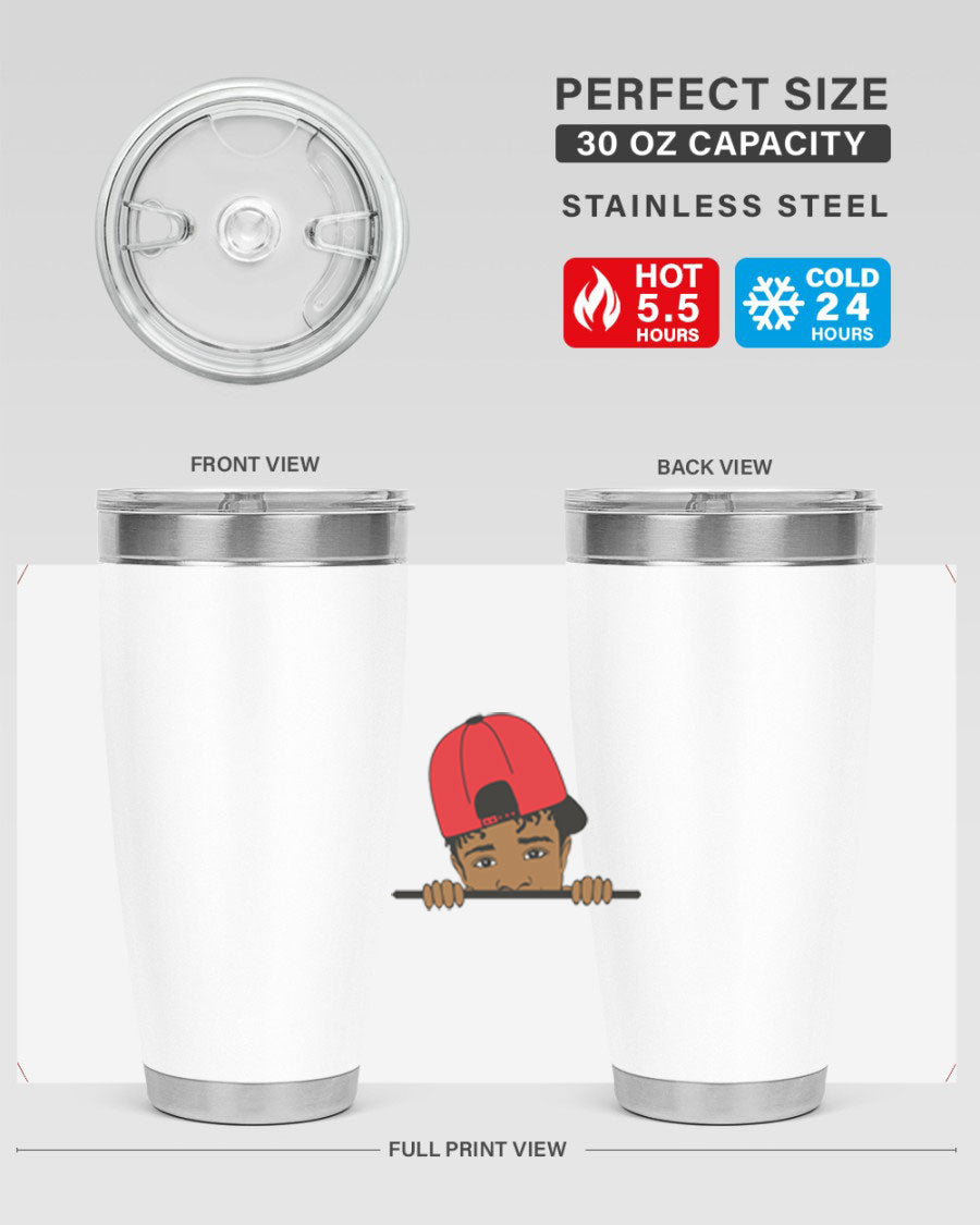 Black boy 23# tumbler, 20oz, double wall vacuum stainless steel with copper lining, featuring a press-in drink-thru lid.