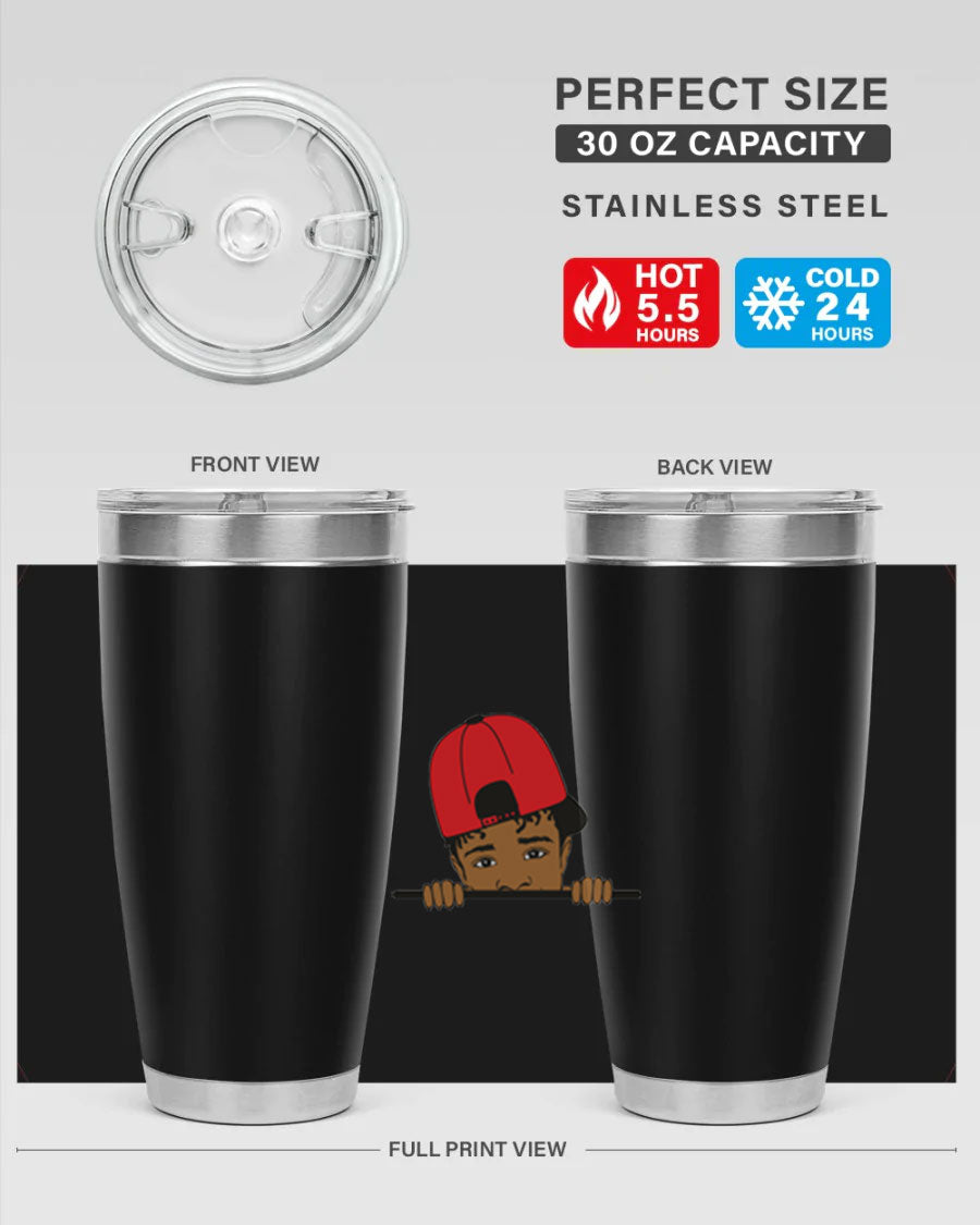 Black boy 23# tumbler, 20oz, double wall vacuum stainless steel with copper lining, featuring a press-in drink-thru lid.