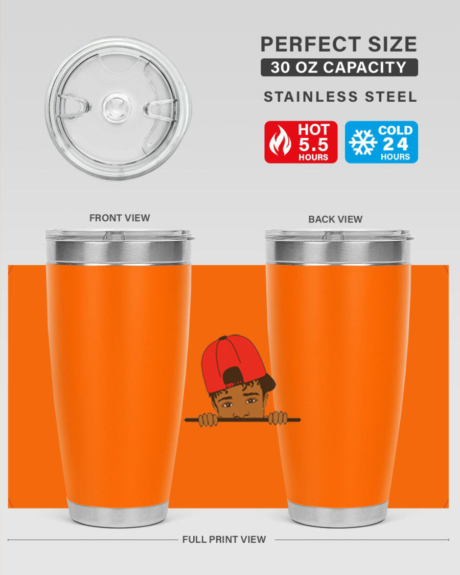 Black boy 23# tumbler, 20oz, double wall vacuum stainless steel with copper lining, featuring a press-in drink-thru lid.