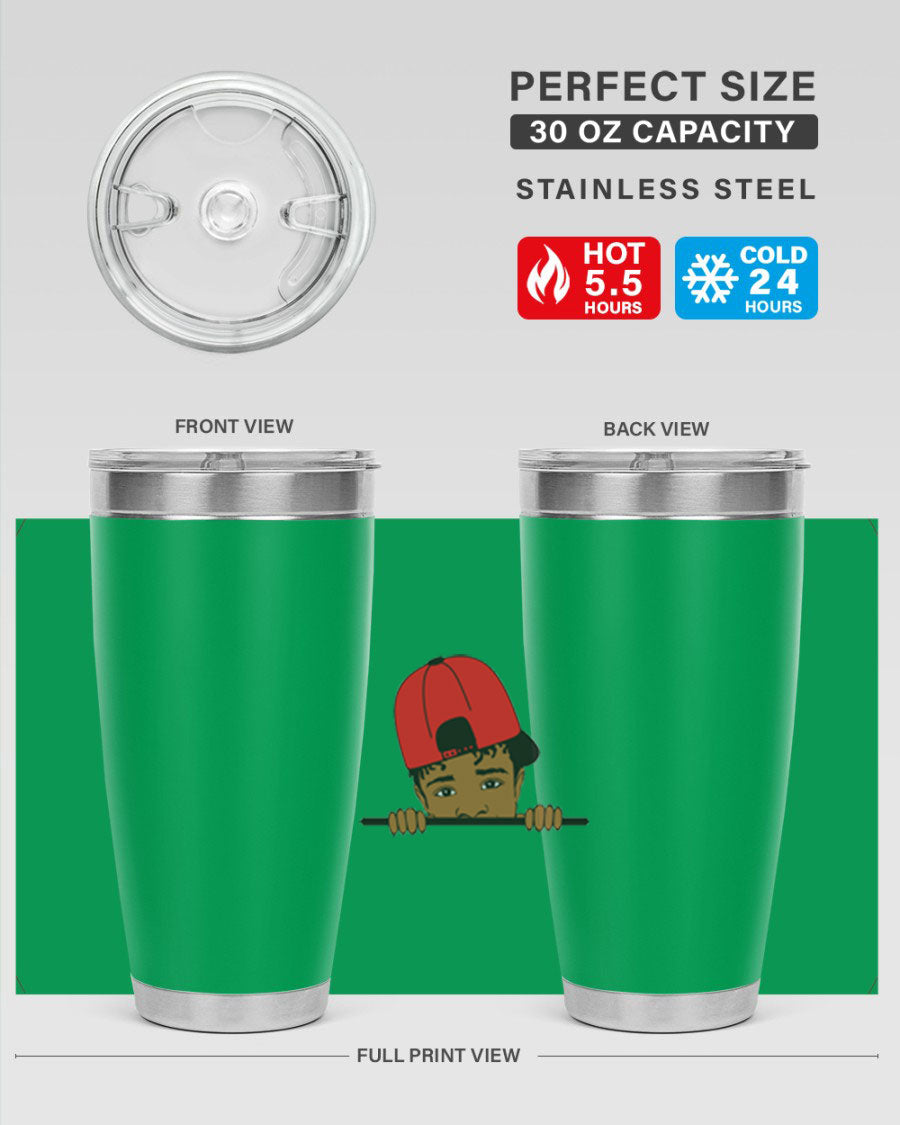 Black boy 23# tumbler, 20oz, double wall vacuum stainless steel with copper lining, featuring a press-in drink-thru lid.