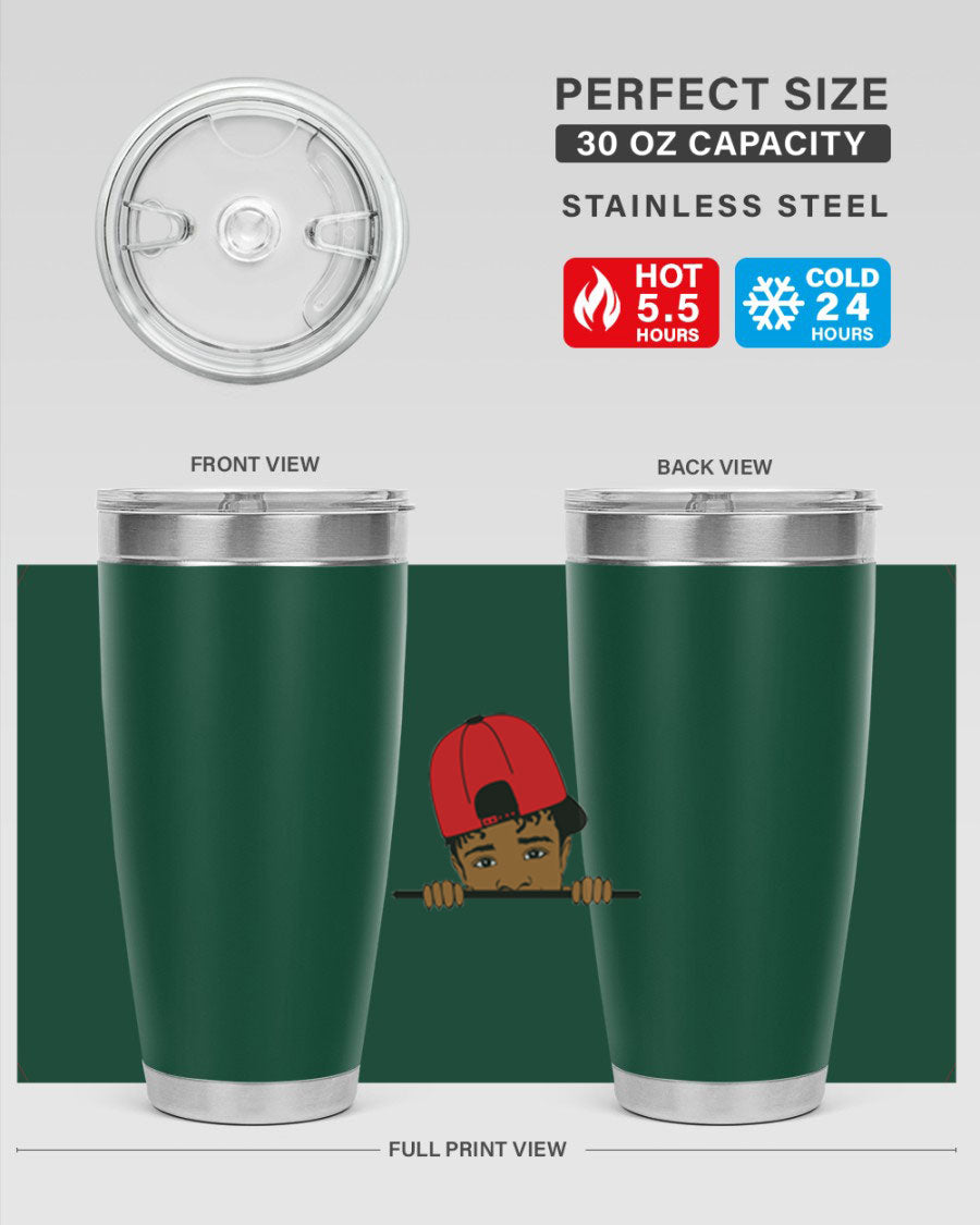 Black boy 23# tumbler, 20oz, double wall vacuum stainless steel with copper lining, featuring a press-in drink-thru lid.