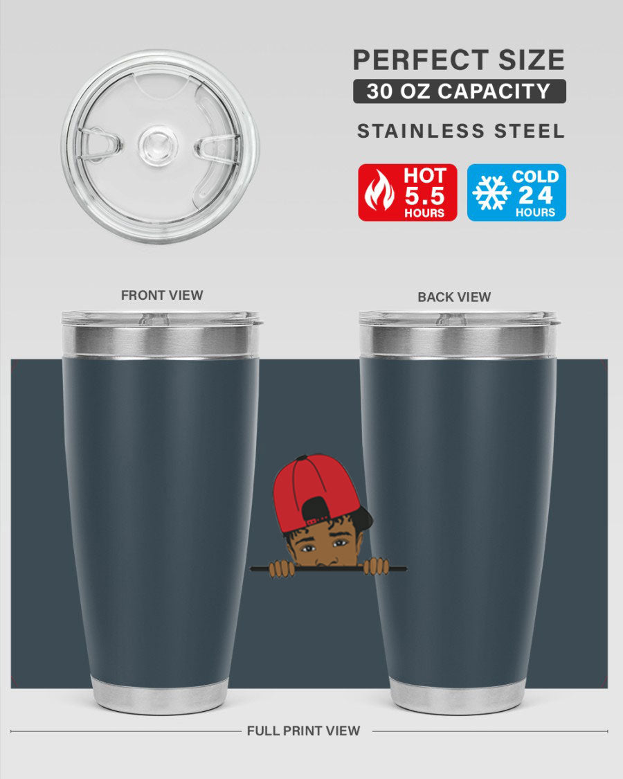 Black boy 23# tumbler, 20oz, double wall vacuum stainless steel with copper lining, featuring a press-in drink-thru lid.