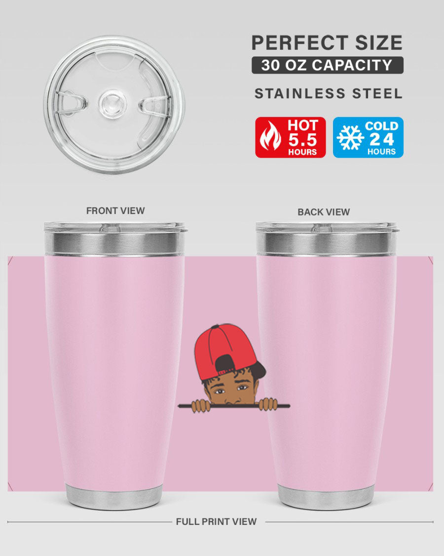 Black boy 23# tumbler, 20oz, double wall vacuum stainless steel with copper lining, featuring a press-in drink-thru lid.