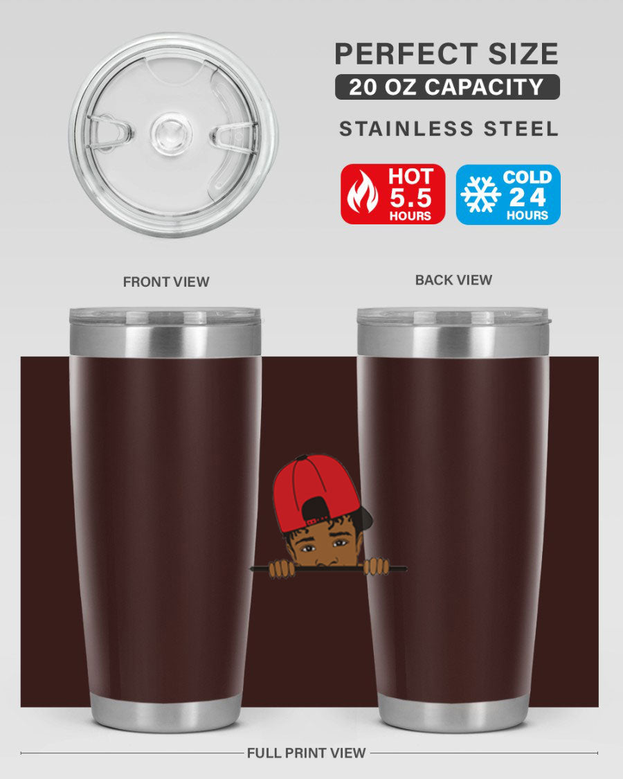 Black boy 23# tumbler, 20oz, double wall vacuum stainless steel with copper lining, featuring a press-in drink-thru lid.