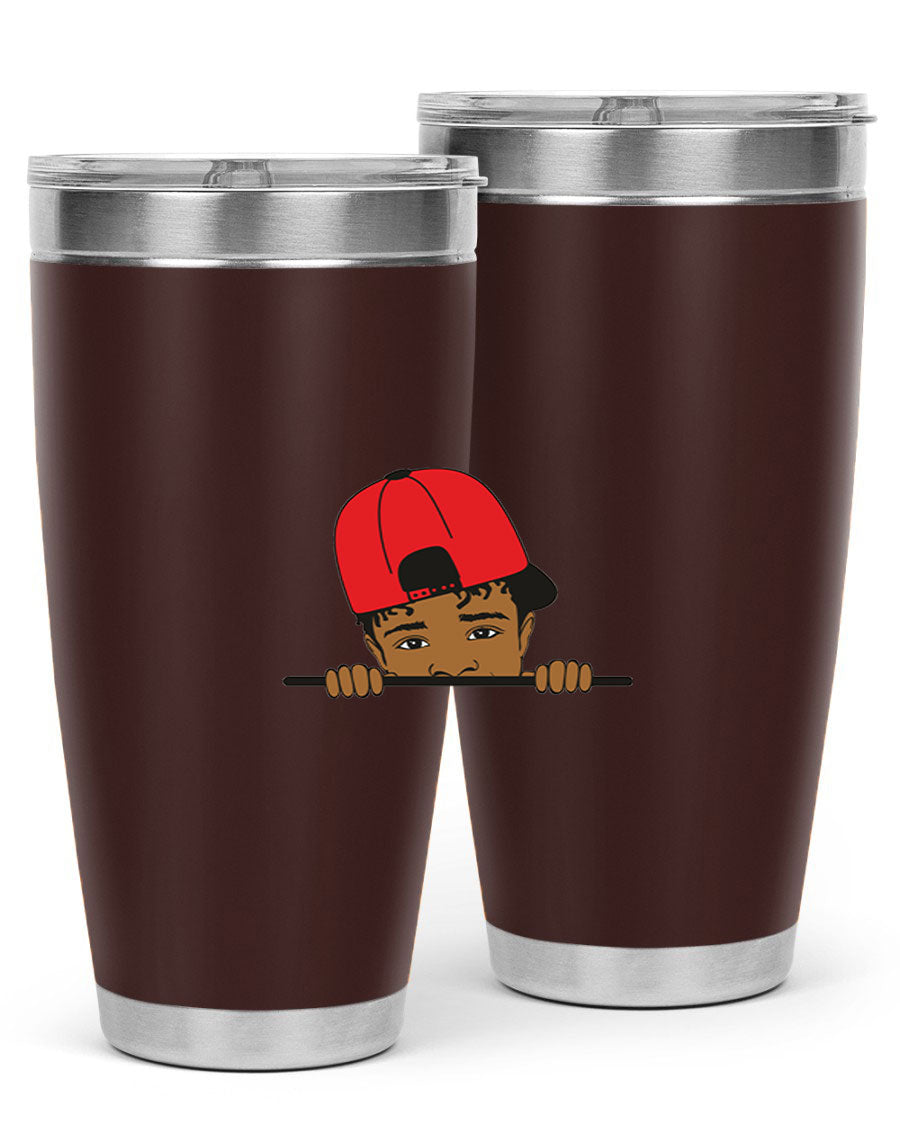 Black boy 23# tumbler, 20oz, double wall vacuum stainless steel with copper lining, featuring a press-in drink-thru lid.